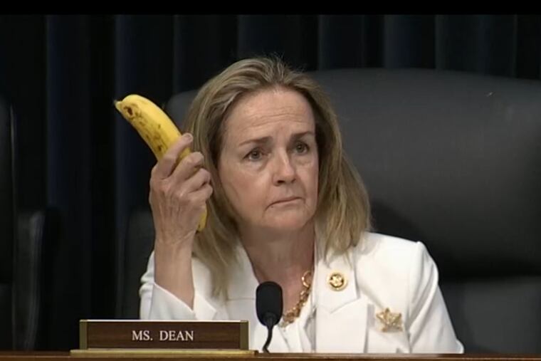 In this video screen grab U.S. Rep. Madeleine Dean holds up a banana during an exchange with Commerce Secretary Howard Lutnick during a House Appropriations subcommittee hearing on Thursday, June 5, 2025.