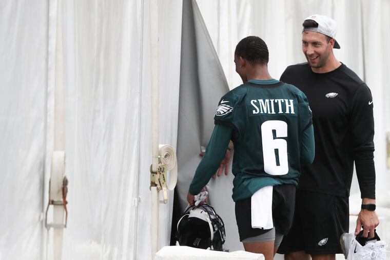 Eagles wide receiver DeVonta Smith walking off the field after the second day of training camp.